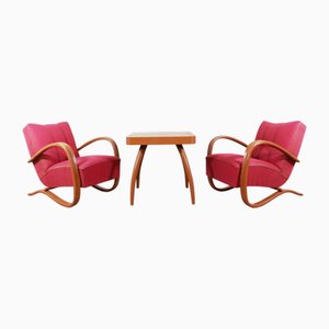Bentwood Lounge Chairs with Coffee Table by Jindřich Halabala, 1930s, Set of 3