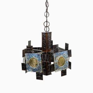 Rustic Italian Pendant Lamp in Iron and Murano Glass, 1960s