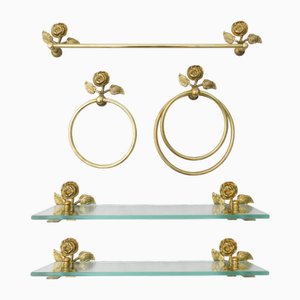 French Rose Flower Bathroom Accessories in Bronze and Brass, 1950s, Set of 5
