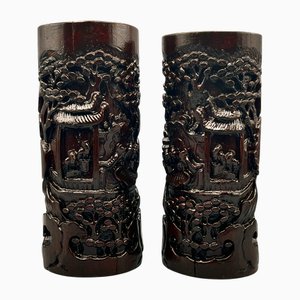 Chinese Late Qing Dynasty Carved Bamboo Brush Pots, 1870-1900, Set of 2