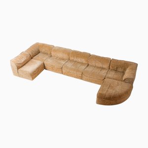 Italian Modular Sofa in Beige Velvet, 1970s, Set of 7