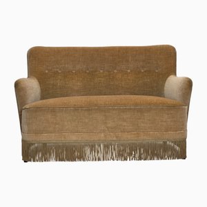 Sofá de dos plazas danés vintage de terciopelo para muebles verde claro, años 70