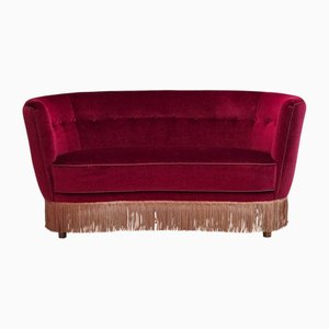 Vintage Danish Two-Seater Curved Sofa in Red Furniture Velour and Beech Wood, 1960s