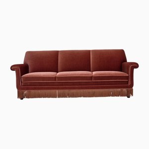 Danish Three-Seater Sofa in Salmon Pink Furniture Velour and Beech Wood, 1960s