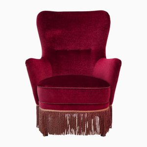 Sedia con schienale alto vintage in velluto rosso e faggio, Danimarca, anni '60