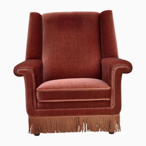 Vintage Danish Highback Armchair in Salmon Pink Furniture Velour and Beech, 1960s