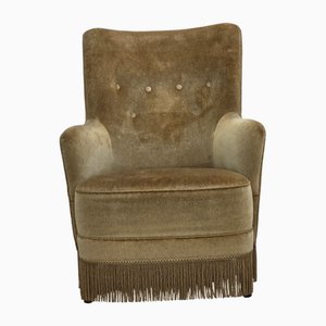 Vintage Danish Highback Chair in Light Green Furniture Velour, 1970s