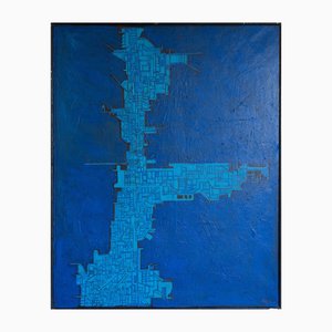 Cellos, Blue Abstract Geometric Composition, Oil on Canvas