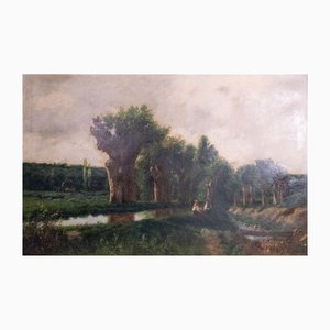 Pastoral Riverbank Scene, Oil on Canvas, Framed