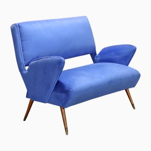 Divano vintage in velluto blu e gommapiuma, Italia, anni '60