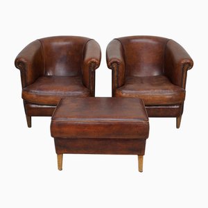 Vintage Dutch Cognac Leather Club Chairs and Ottoman, Set of 3