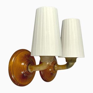 Vintage Swedish Birch and Pleated Fabric Wall Lights, 1920s, Set of 2