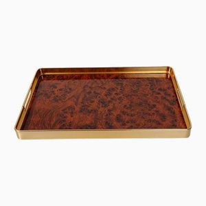 Plateau Vintage en Aluminium Anodisé Doré et Formica en Faux Bois de Ronce, Italie, 1960s