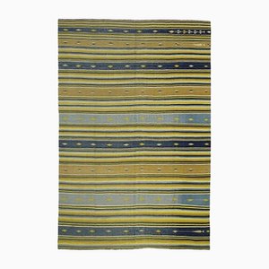 Vintage Dhurrie Teppich mit gelben und blauen Streifen und Geometrie von Rug&Kilim
