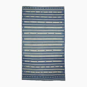 Tappeto Dhurrie Runner vintage a righe blu e crema di Rug&Kilim