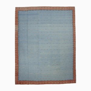 Tappeto vintage Dhurrie quadrato blu e ruggine con motivi geometrici di Rug&Kilim