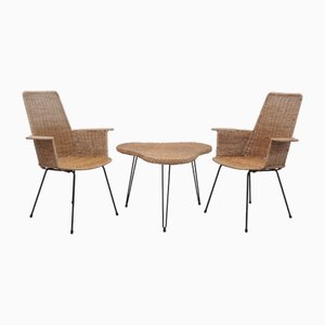Vintage Rattan Stühle mit Tisch, 1950er, 3er Set