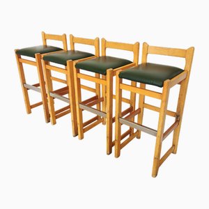 Vintage Holz Barhocker mit Grünen Ledersitzen, 1980er, 4er Set