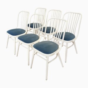 Vintage Bentwood Dining Chairs with Blue Fabric Seats, 1970s, Set of 6