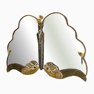 Italian Art Deco Butterfly Wall Mirror with Gold Fabric Beads Decoration, 1940s