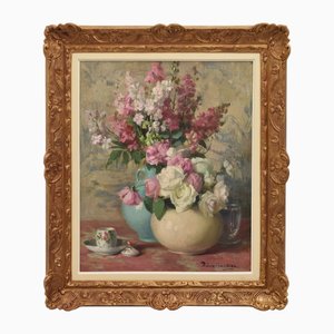 Jane Nérée-Gautier, Still Life with Vase of Roses, Early 20th Century, Oil on Canvas, Framed