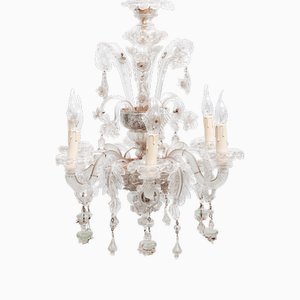 Lámpara de araña veneciana de cristal de Murano blanco soplado con seis luces, años 60