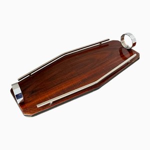 Vintage Art Deco Geometric Wood and Chrome Serving Tray, 1930s