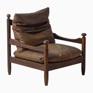 Mid-Century Lounge Chair in Oak and Leather, France, 1950s