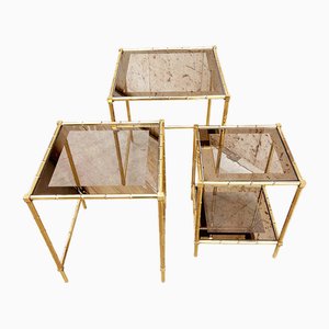 Vintage Brass and Bamboo Nesting Tables, 1970s, Set of 3