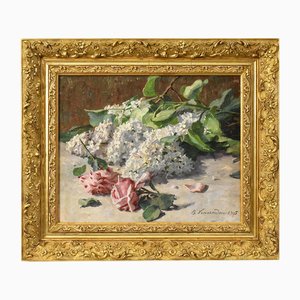 B. Vincendon, Art Nouveau Still Life with Roses and Lilacs, Oil on Canvas, 1905, Framed