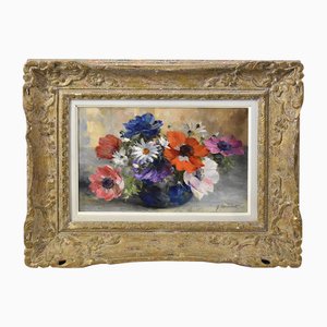 Georges Danset, Anémones et Marguerites, Huile sur Toile, Début du 20e Siècle, Encadrée