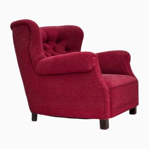 Danish Relax Armchair in Red Fabric and Ash Wood, 1950s