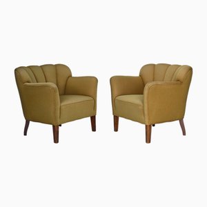 Danish Armchairs in Green Wool and Ash Wood, 1960s, Set of 2