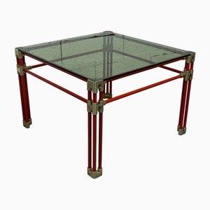 Postmoderner Italienischer Couchtisch aus Rauchglas & Rotem Stahl, 1980er