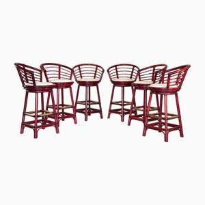 Rattan, Wood and Bamboo Swivel Bar Stools, 1970s, Set of 6