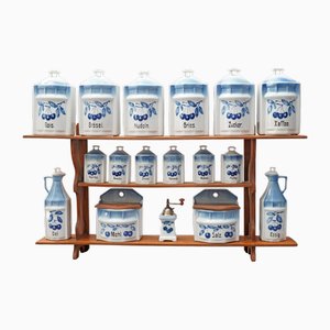 Art Nouveau Ceramic Storage Jar Set with Wooden Shelf for Wall Mounting, 1890s, Set of 18