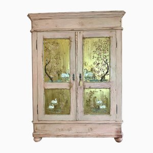Antique Painted Pine Double Wardrobe with Chinoiserie Panels, 1920s