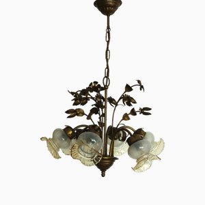 Floral Metal and Glass 6-Light Chandelier, 1970s