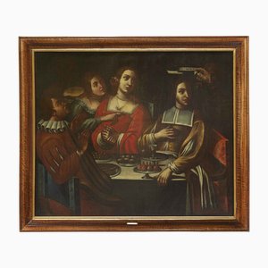 Giovanni Martinelli, Banquet avec personnages Memento Mori, années 1600, peinture à l'huile, encadré