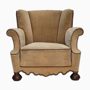 Danish Relax Chair in Furniture Velour and Oak Wood Legs, 1950s