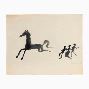 Mino Maccari, The Runaway Horse, Charcoal & Watercolor, 1960s
