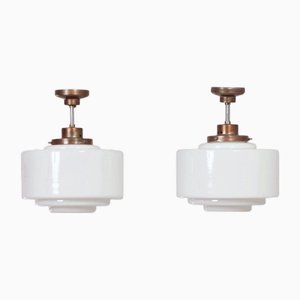 Lampade a sospensione Art Déco in vetro opalino bianco, anni '30, set di 2