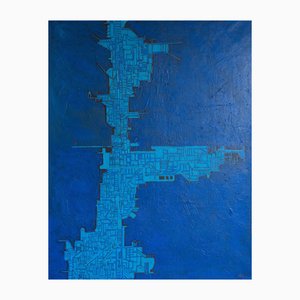 Cellos, Blue Abstract Geometric Composition, Oil on Canvas