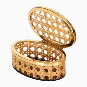 Ovale Mid-Century Dekorative Dose aus Messing, Acrylglas & Wiener Stroh von Dior, Italien, 1970er