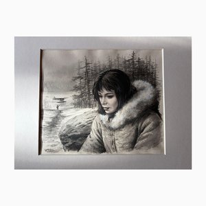 Charles Burki, Woman in Fur Collar Winter Portrait Illustration, 1955, Paper