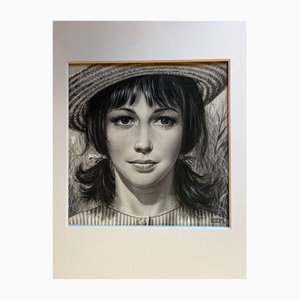 Charles Burki, Porträt einer Frau mit Strohhut, 1962, Papier