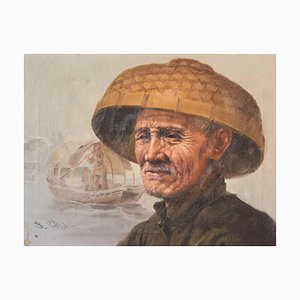 S. Chen, Elderly Fisherman in Straw Hat, 1920s-1940s, Oil on Canvas