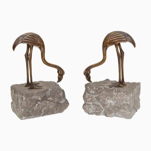 20th Century Art Deco Crane-Shaped Bookends in Stone and Gilt Bronze, Set of 2