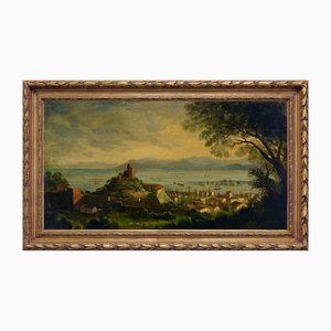 Ettore Ferrante, Paysage Côtier Italien, Huile sur Toile, Fin du 20ème Siècle, Encadrée