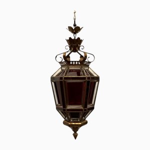 Farol español vintage de metal dorado con vidrio transparente y esmerilado, años 50